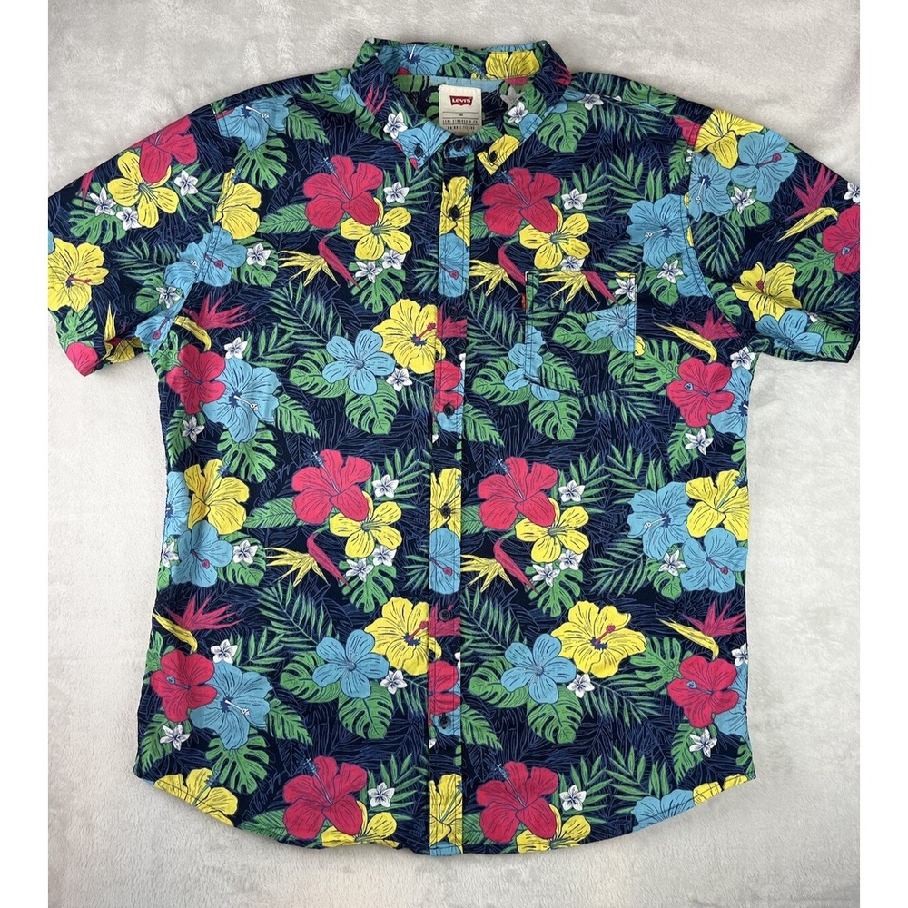 LEVIS Hawaiian Shirt Men 2XL Multicolor Hibiscus Floral Print Lightweight Preppy